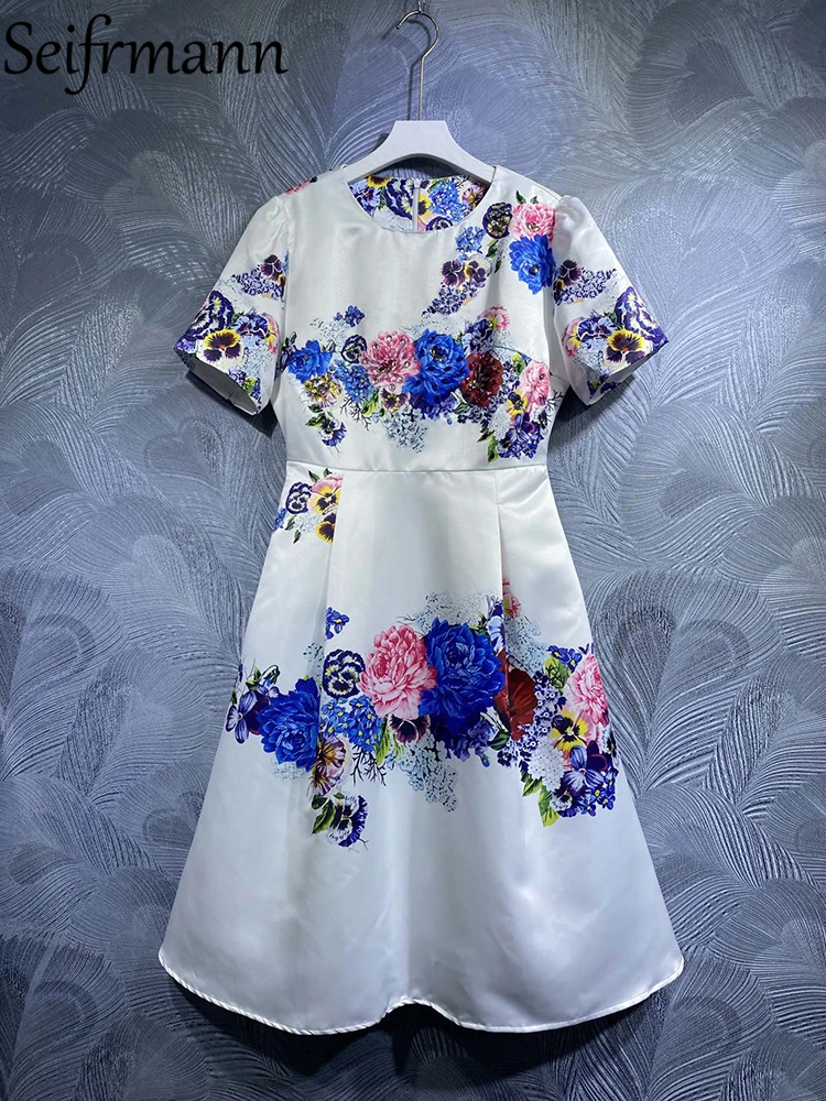 Seifrmann High Quality Summer Women Fashion Designer Big Swing Dress Short Sleeve Crystal High Waist Flower Printed Midi Dresses