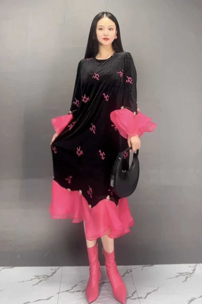 Женское длинное свободное платье элегантное модное с круглым вырезом и длинным