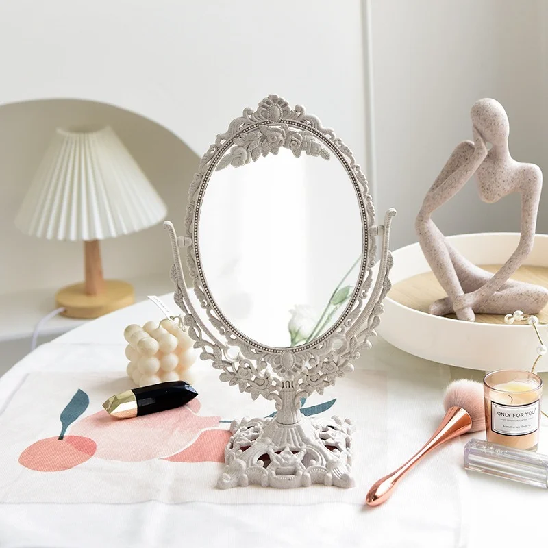

Silver Plastic Vintage Decorative Mirror Small Round Make-up Bedroom Mirror Ins Table Room Standing Glass Mirror