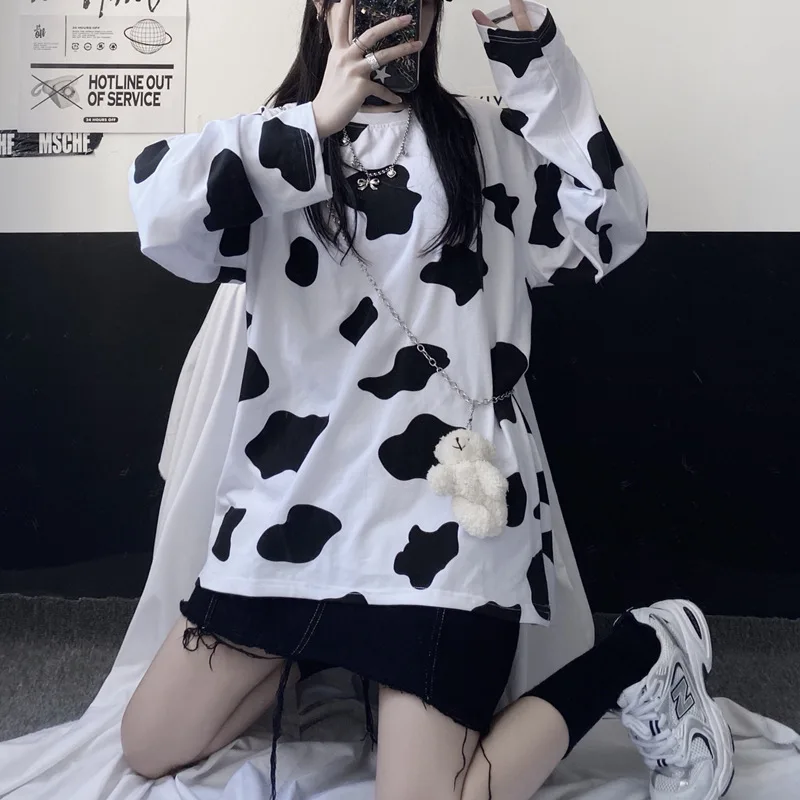 Женская блузка с коровьим принтом женская футболка длинными рукавами модная