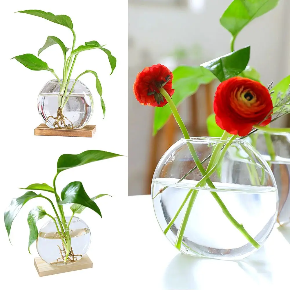 

Style Office Decor Wood Art Tabletop Ornament Glass Vase Hydroponic Flower Vase Flower Arrangement Plant Flower Pot