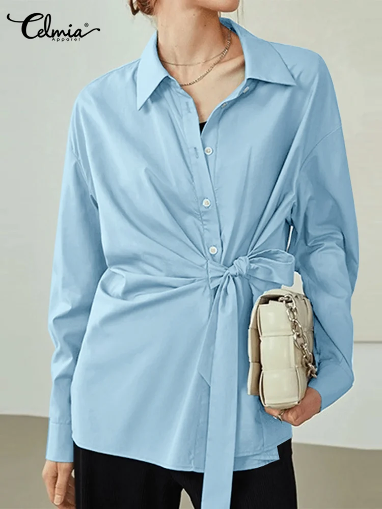 

Celmia Fashion Office Shirts Women Elegant Lapel Workplace Buttons Tied Blouses Ladies Solid Chemises Tops