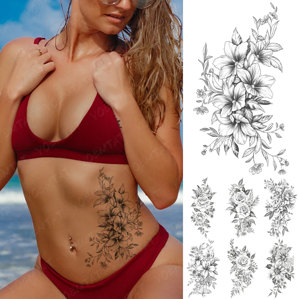 

Waterproof Temporary Tattoo Sticker Line Lily Flowers Flash Tatto Henna Mehndi Totem Arm Body Art Arm Fake Tattoos For Women Men