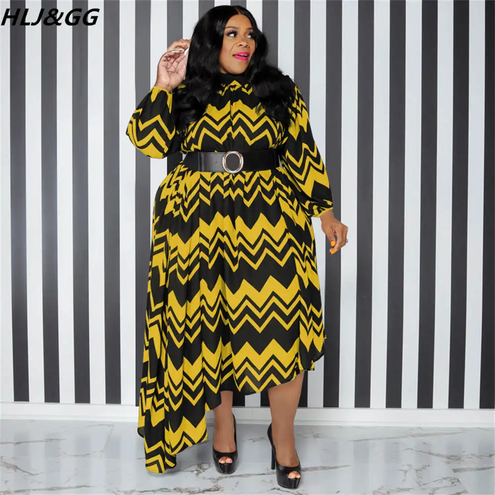 HLJ&GG Elegant Stripe Print Belt Dresses Women Long Sleeve Loose Irregularity Dress Vestidos Fall Female Plus Size Clothing 5XL