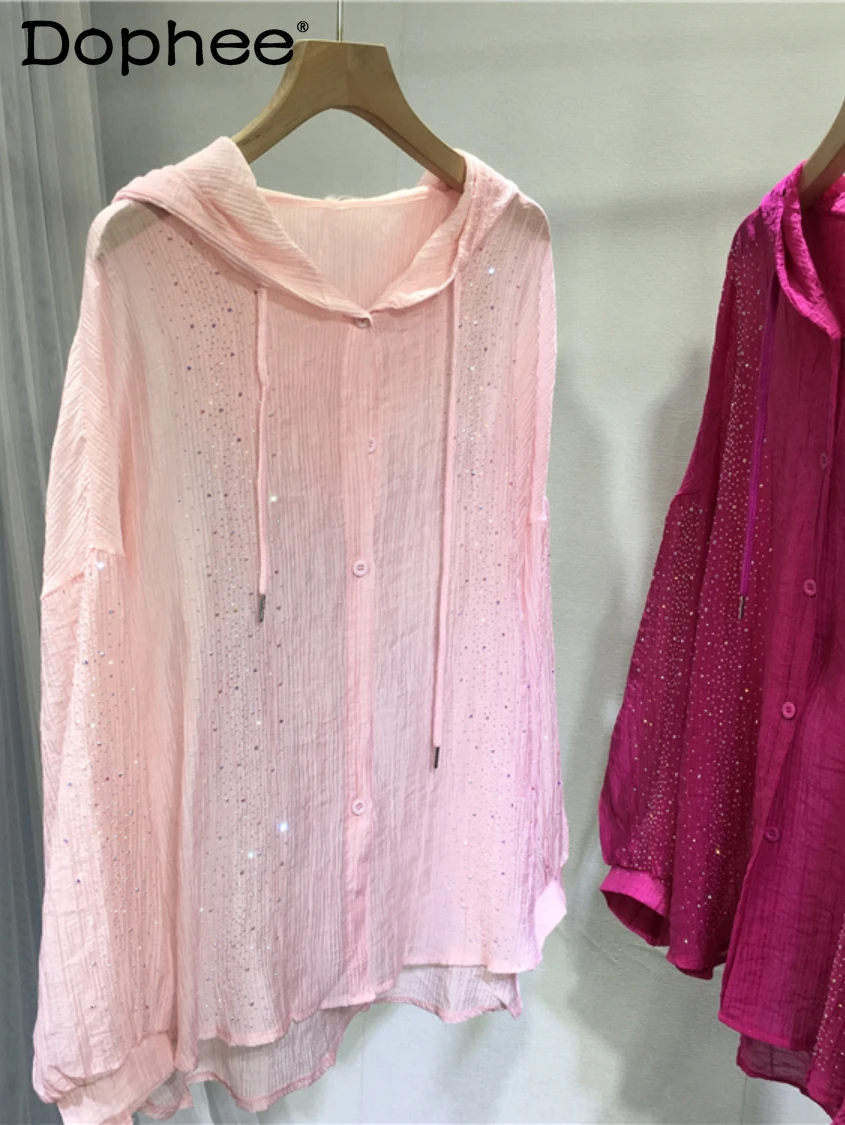 

Hot Drilling Long Sleeve Sun-Protection Shirt Women's Thin Hood Cardigan Blouse Mid-Length Slimming Oversized Top Summer Camisa