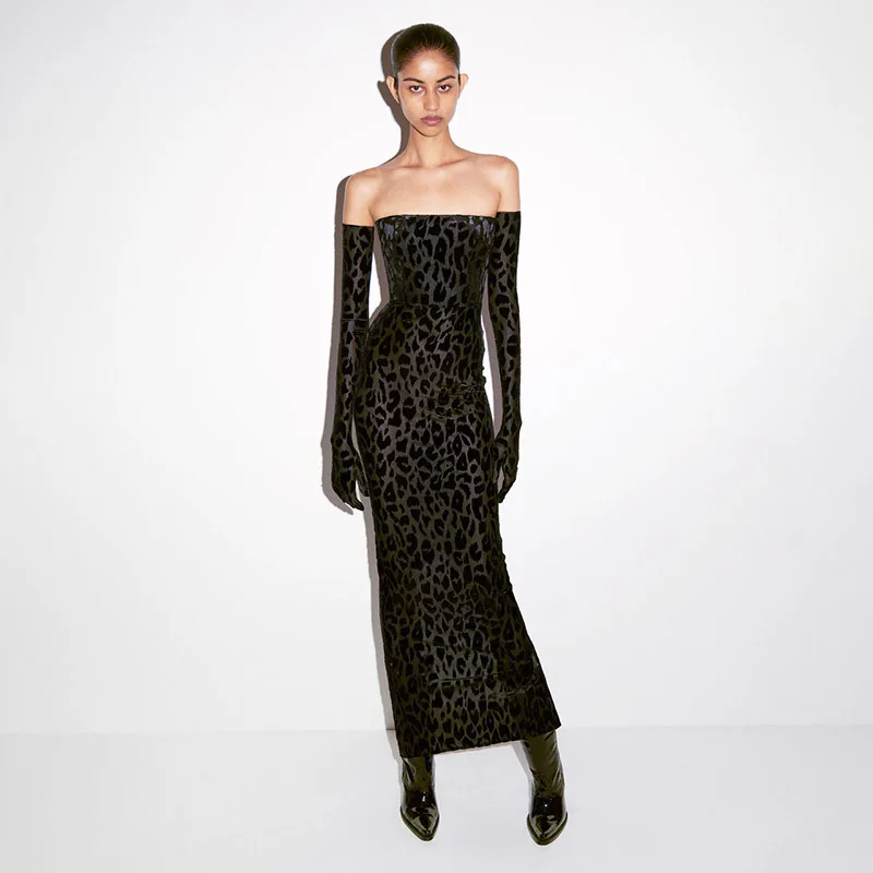 

European & American Leopard Print Tube Top Long-sleeved Slim Dress Velvet Sexy Strapless Fashion Women's Backless Clothing
