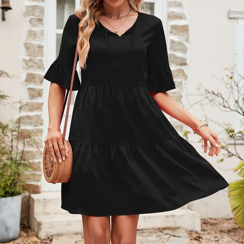 

Платье женское ТРАПЕЦИЕВИДНОЕ с V-образным вырезом, Элегантное повседневное модное свободное с расклешенным рукавом, чёрное, на лето