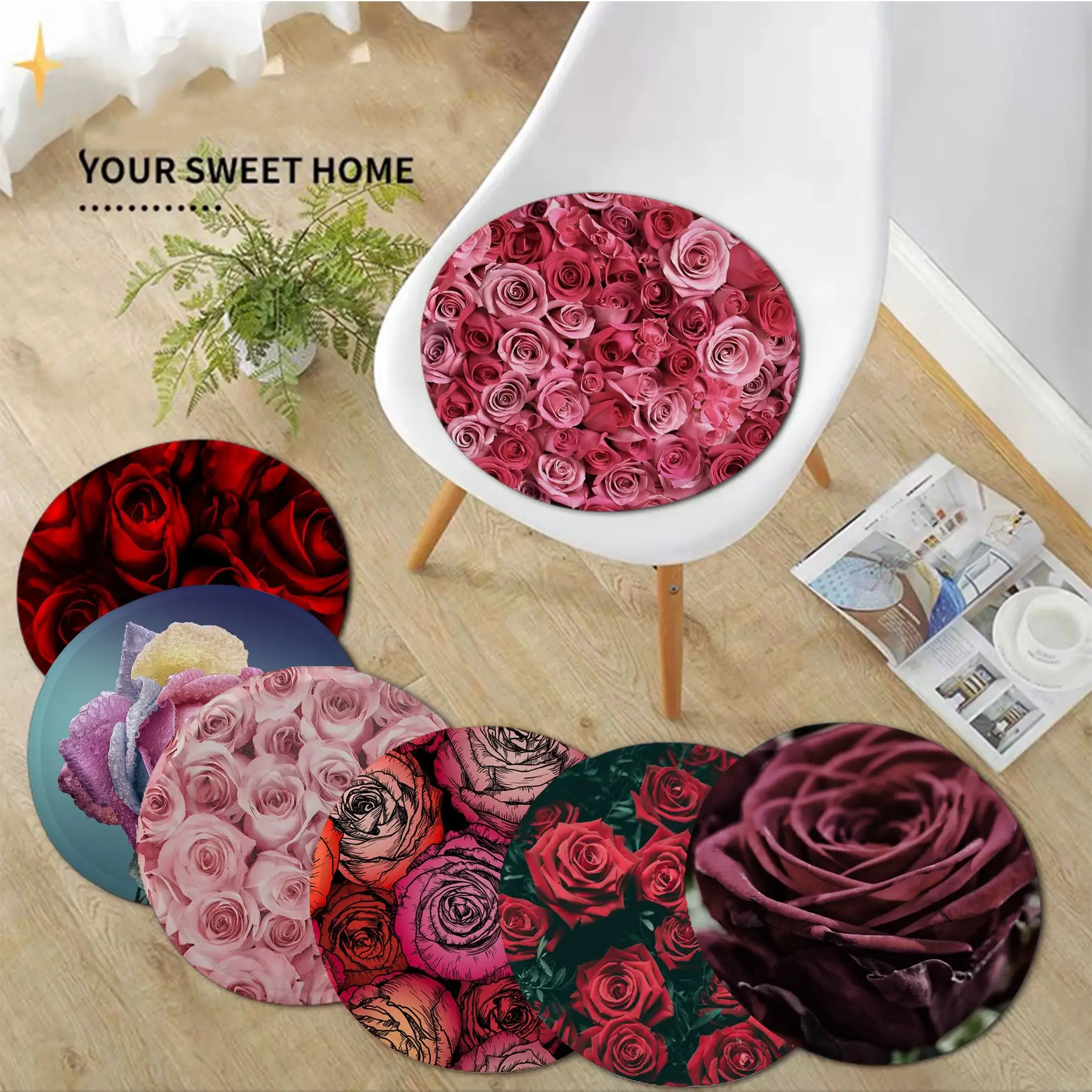 

Red Rose Creative Seat Cushion Office Dining Stool Pad Sponge Sofa Mat Non-Slip Chair Cushions