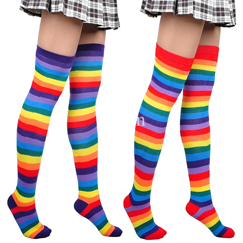 

Compression Socks Rainbow Color Stripe Women Long Stockings Thigh High Cute Kawaii Cotton Knit Over Knee High Socks Warmers Sock