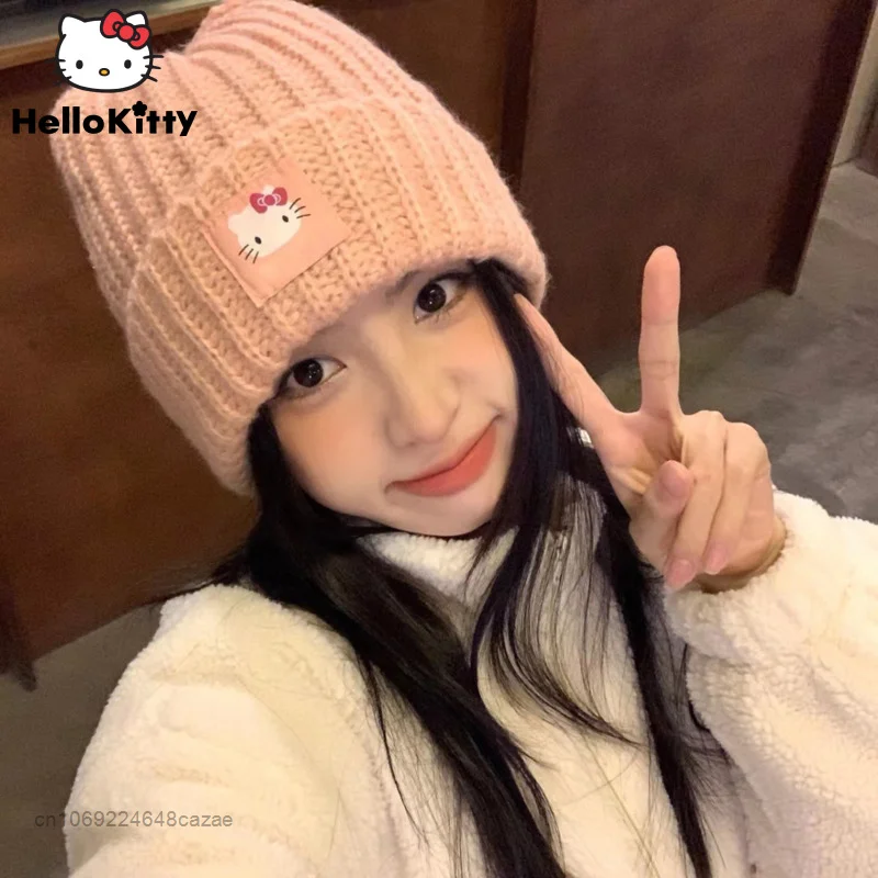 Sanrio Hello Kitty New Cap Cartoon Knitted Hat Women Korean Trend Headwear Accessories Autumn Winter Warm Hats Y2k Cute Caps