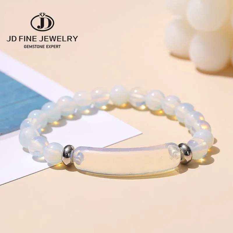 

JD Natural Opal Round Bead Rectangle Bar Bracelets Women Men Charm Handmade Stretch Reiki Healing Strand Bangles Yoga Jewelry