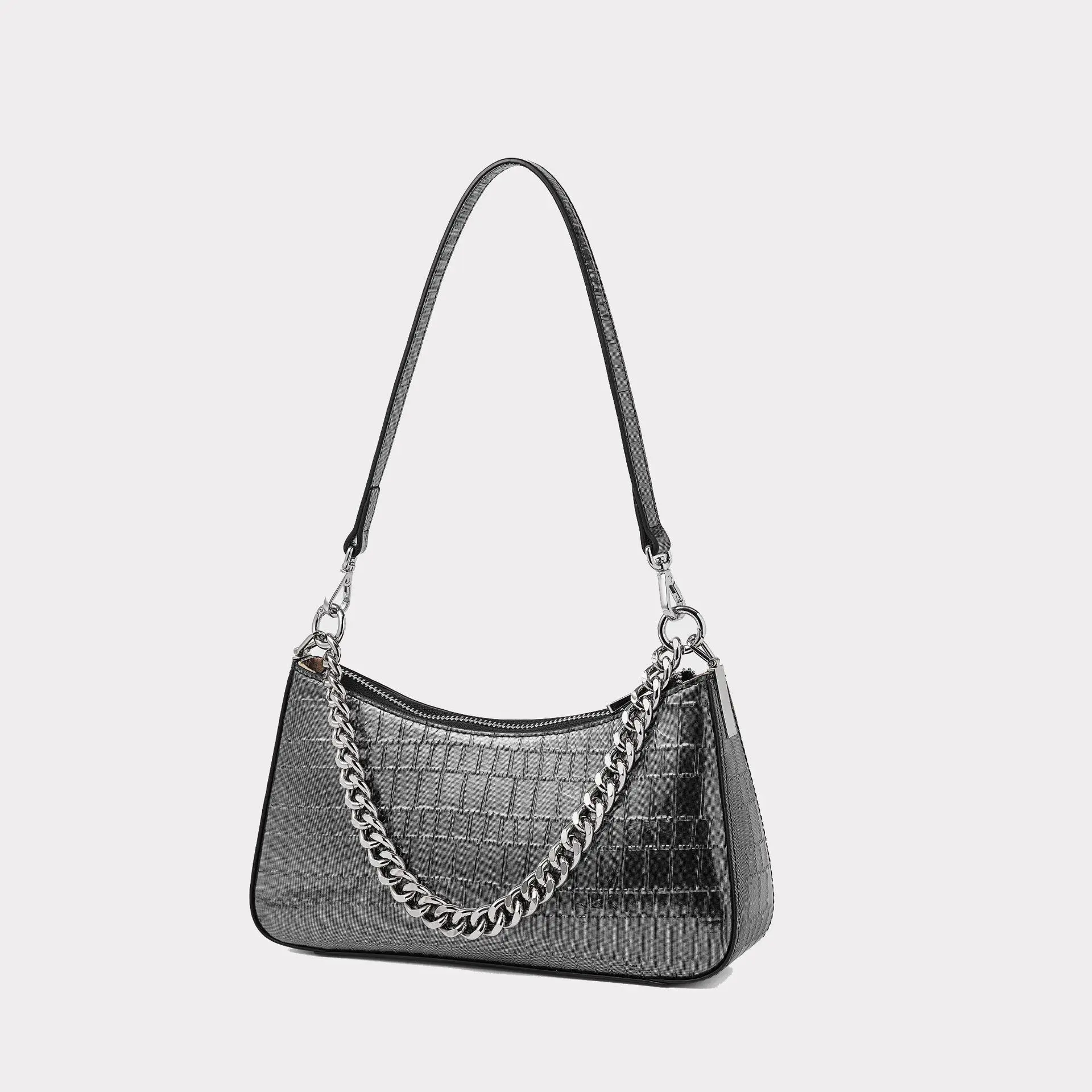 

New Leather Women's Underarm Bag Crocodile Pattern Top Layer Cowhide Chain Messenger Shoulder Bag