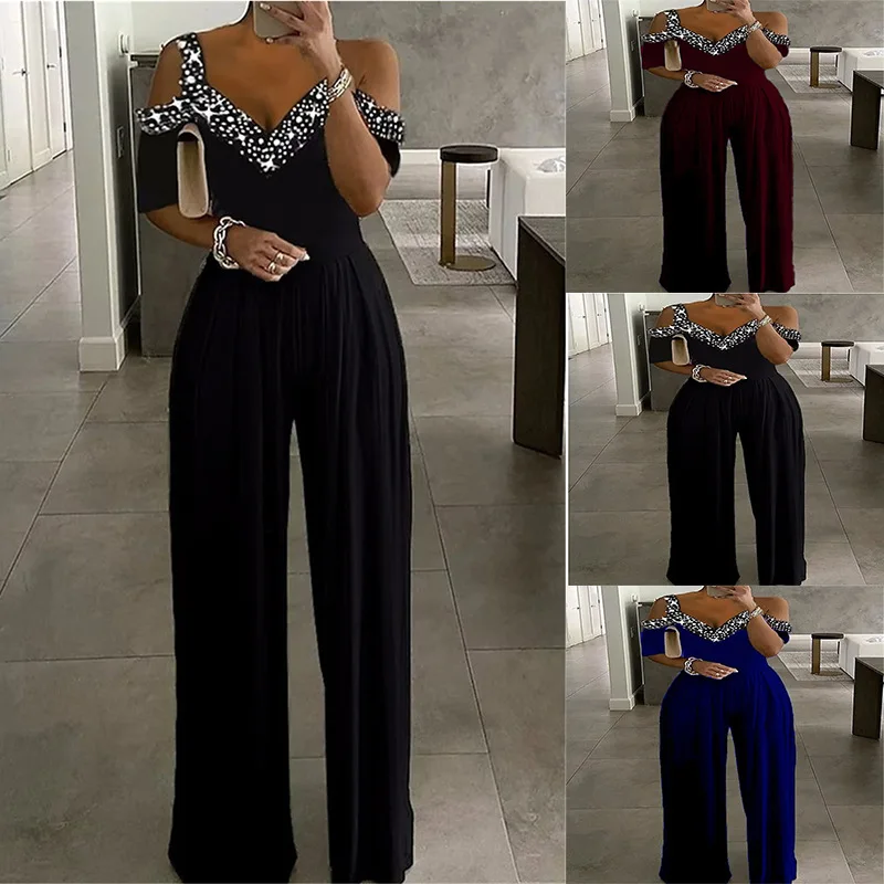 

2023 Spring Summer New European American Women's Wide Leg Jumpsuit Closed Waist One-Piece Clothes Jumpsuit Dropshipping