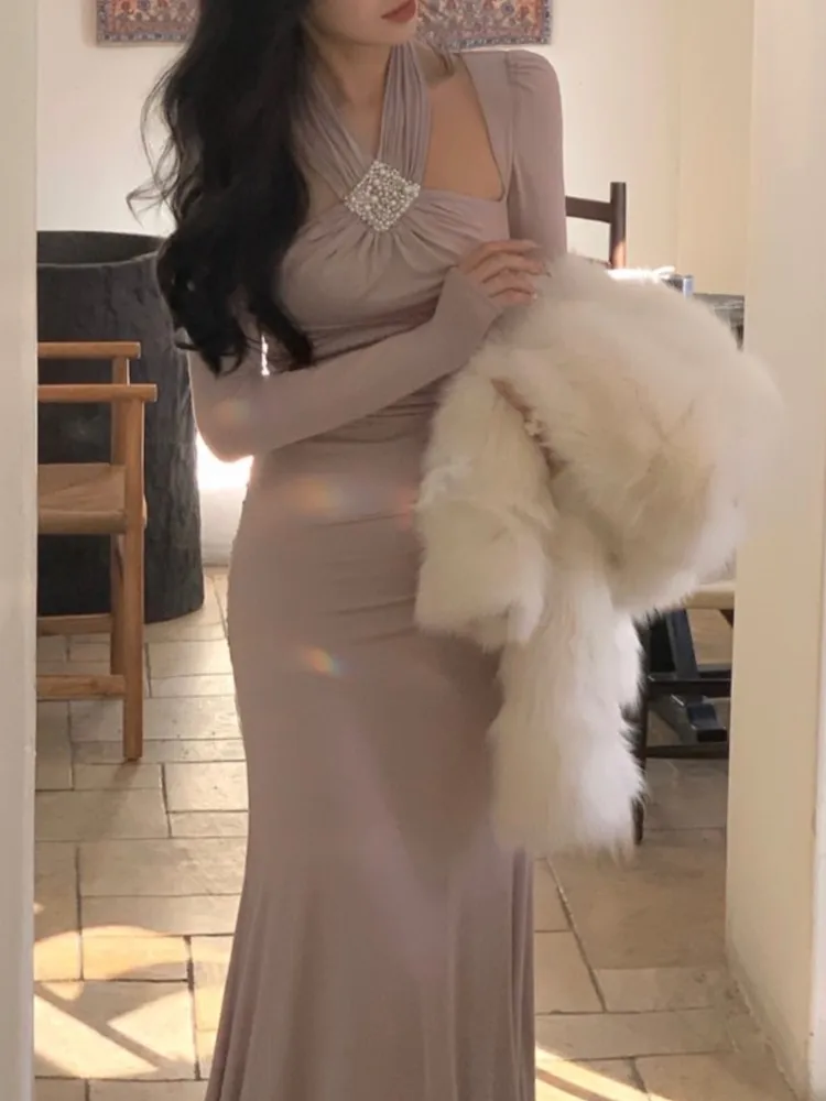 Элегантное платье миди с лямкой на шее женские Облегающие юбки-годе вышивкой