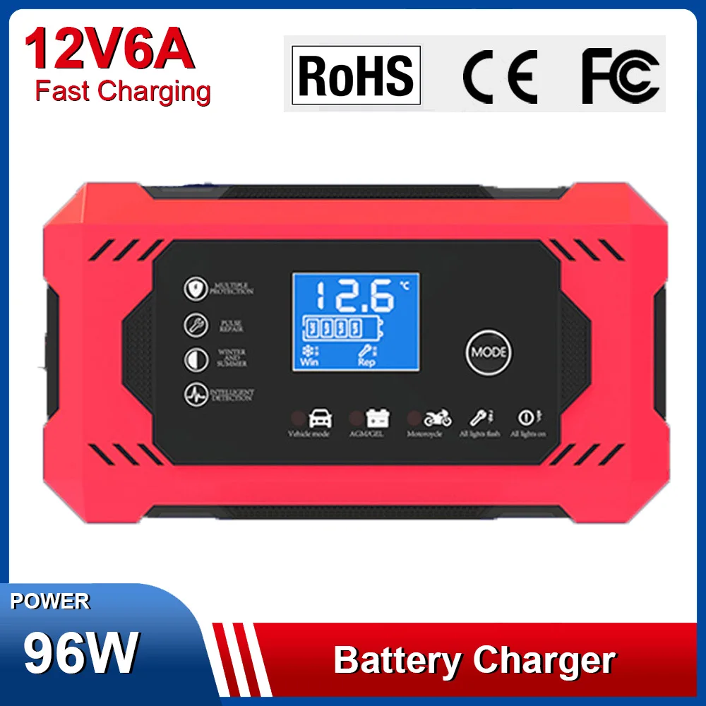 

6A12V Battery Charger Smart Car Pulse Repair Lead-acid Batteries 96W Tool Recharge Overcharge Protection 50/60Hz