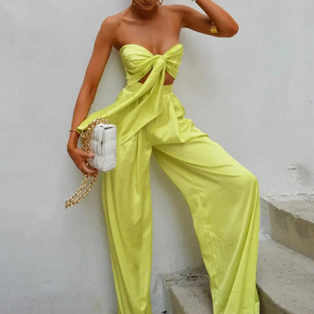 

Sexy Strapless Satin 2 Piece Sets Outfits for Women Summer Club Party Elegant Fashion Matching Sets Top and Pants