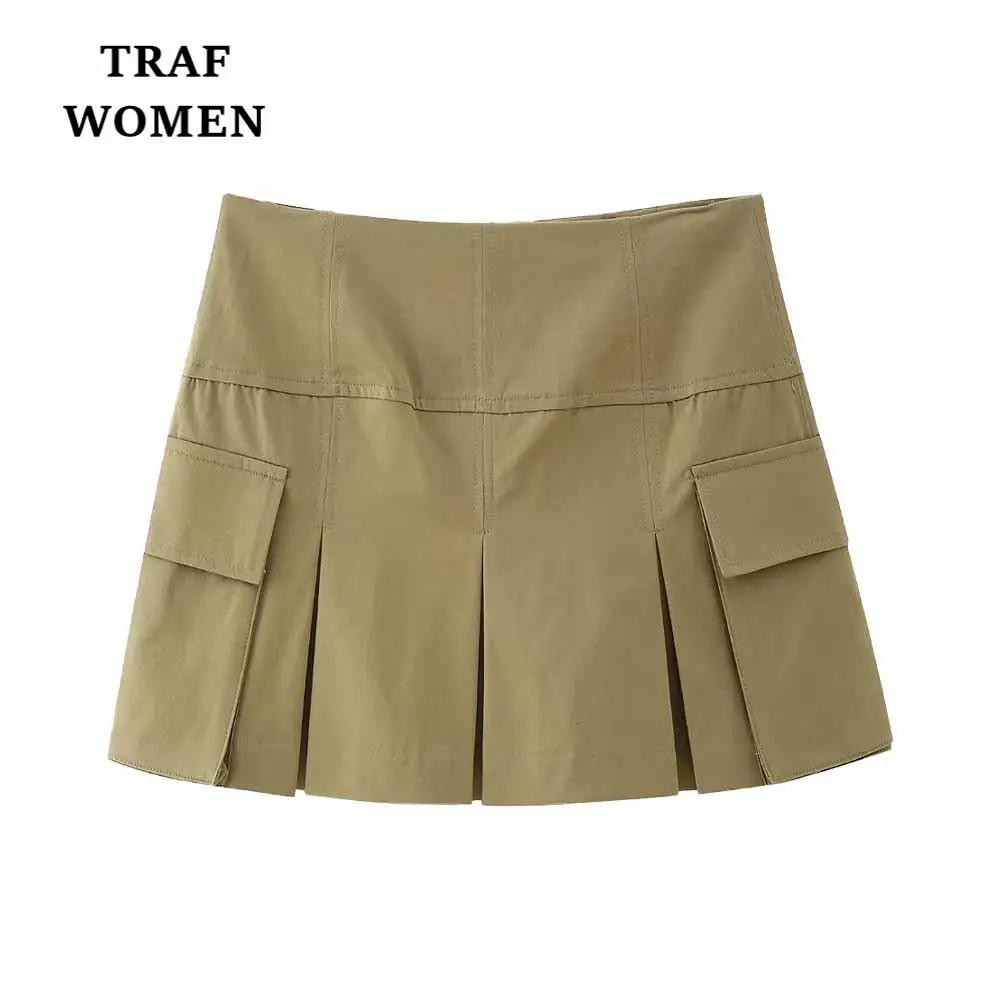 

TRAF WOMEN 2023 Spring New High Waisted Wide Pleated Trouser Skirt Design Sense Back Zipper Female Elegant Culotte Mujer 4391416