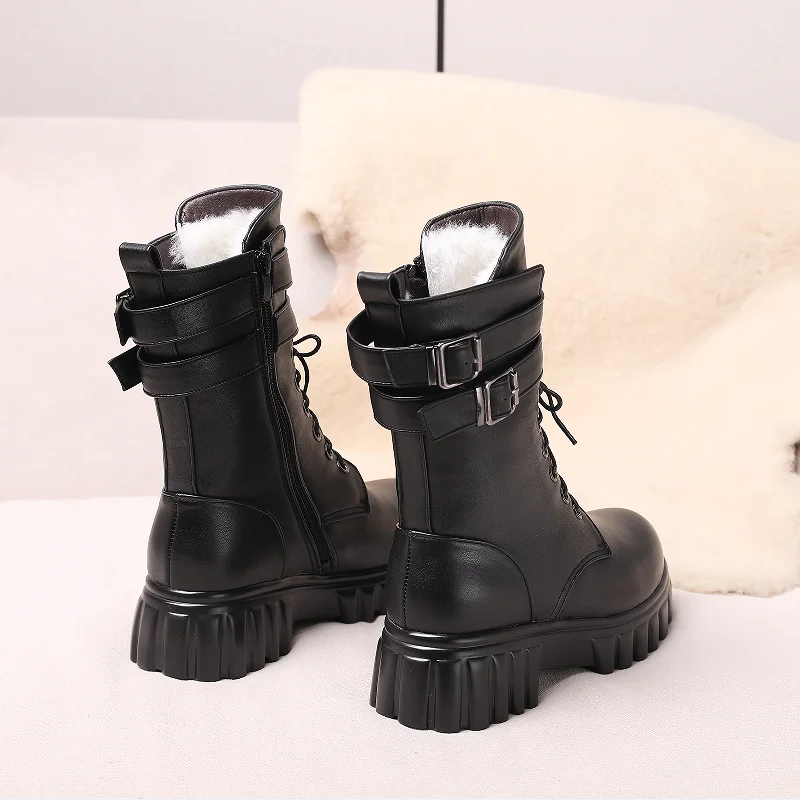 AIYUQI Women Winter Boots 2023 New Platform Genuine Leather Women Middle Boots Wool Warm Biker Boots Women