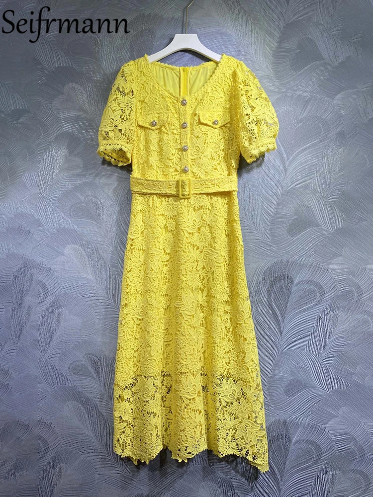Seifrmann High Quality Summer Women Fashion Runway Yellow Dress Short Lantern Sleeve Belt Hollow Out Lace Trim Hem Long Dresses