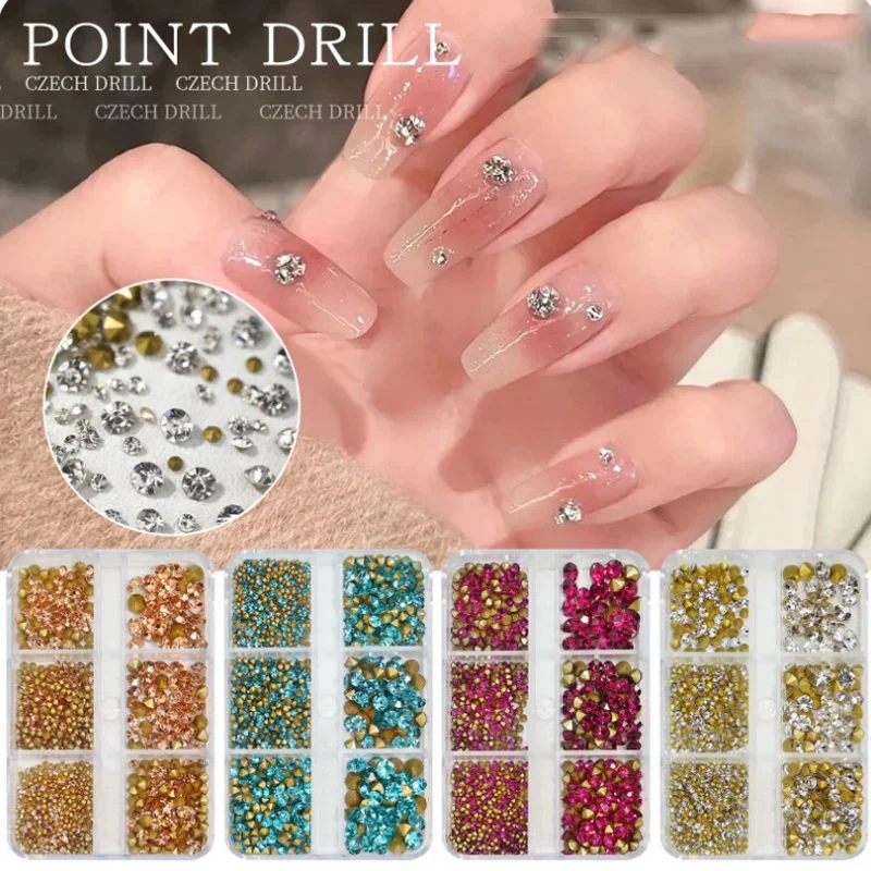 

Nail Glitter Rhinestones 6-Grid Box Set White Pink Pointed Bottom Glass Crystal Nail Art Decorations