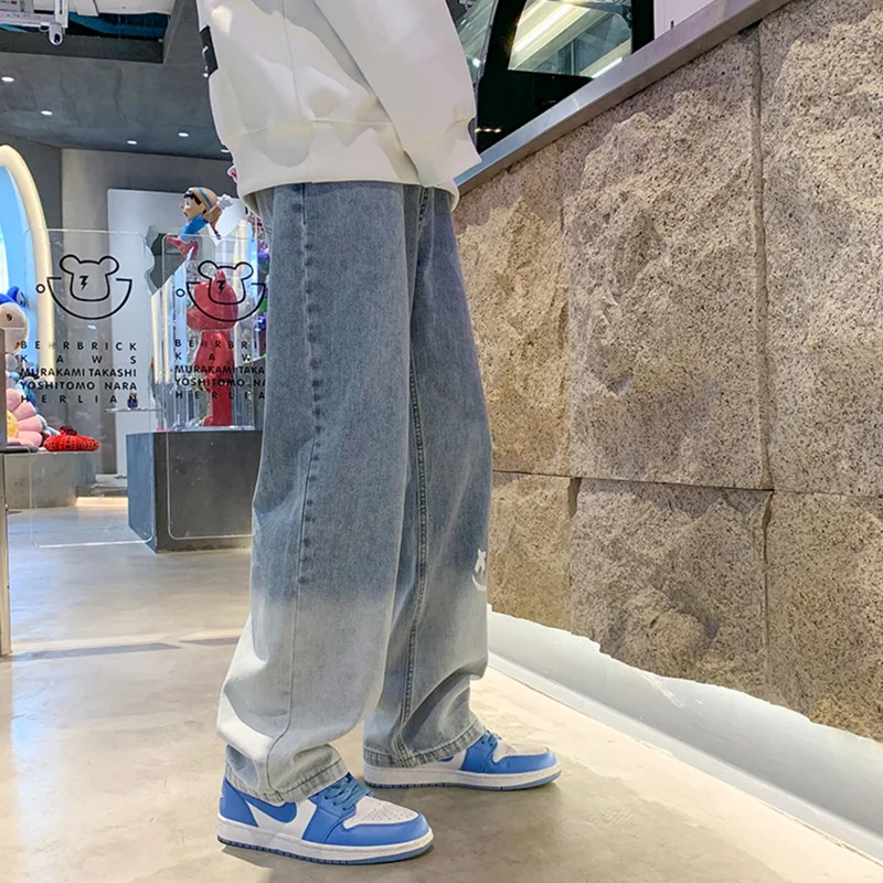 Men's Wear 2022 New Smiley Face Graffiti Navy Blue Jeans Temperament Versatile Straight Cylinder Wide Leg Trousers Autumn Female