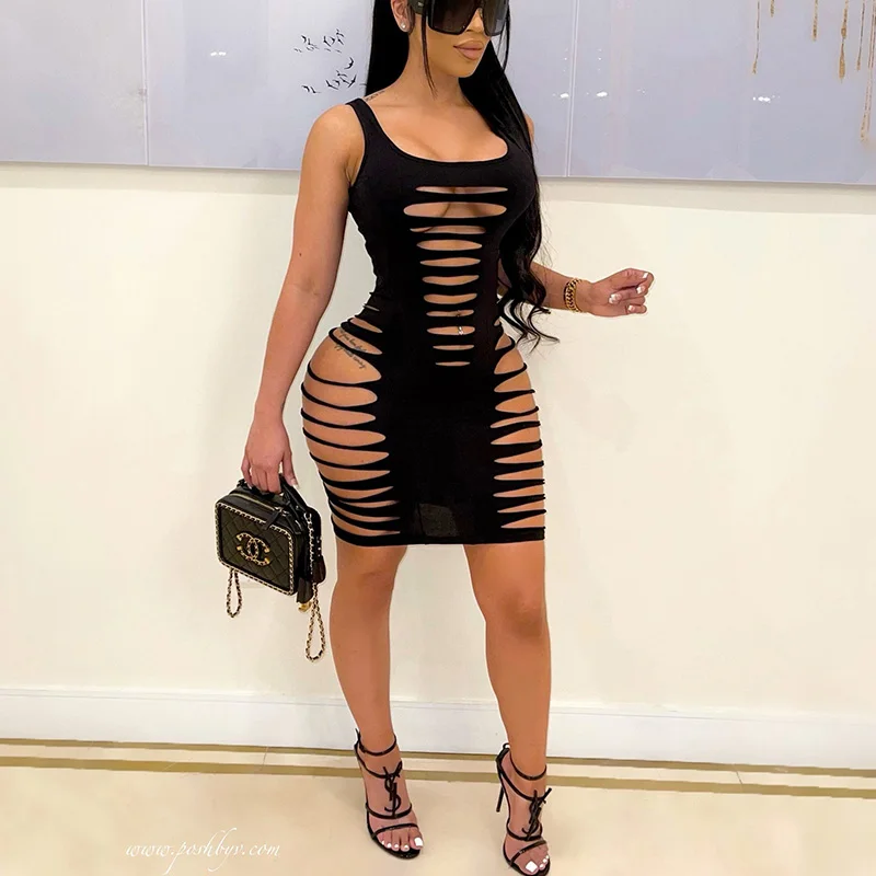 

Summer new Women Sleeveless Ripped Hole Sexy Solid color Bodycon Mini Dress