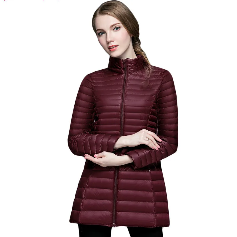Autumn Winter Down Jacket Women Medium Length Stand Collar Slim Warm White Duck Down Jacket