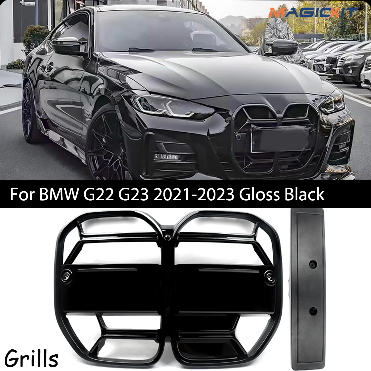 Фото Решетка радиатора переднего бампера MAGICKIT, сетка для BMW 4 серии G22 G23 2021-2023, глянцевые черные автомобильные аксессуары, передняя решетка №1