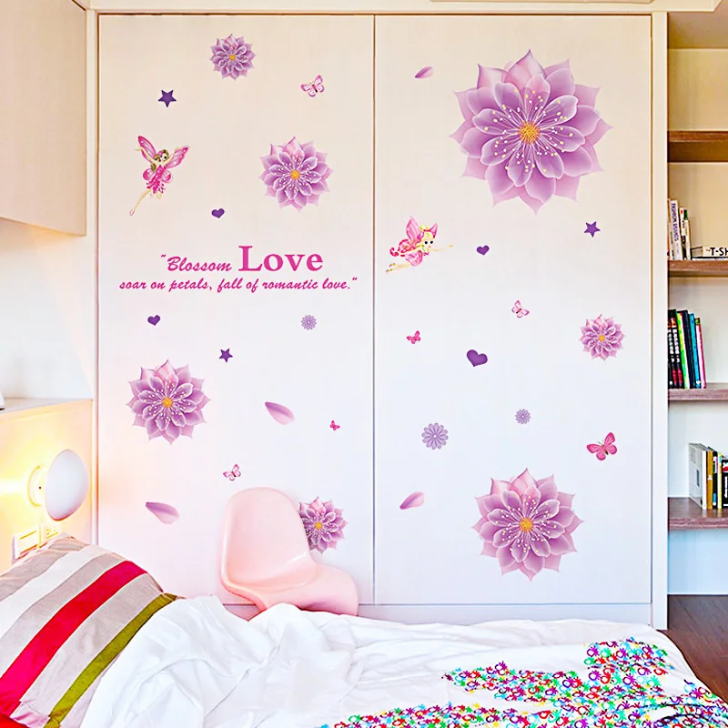 

Pink Flowers Wall Stickers Romantic Bedroom Closet Door Decoration DIY Vinyl Wall Decals Removable Self-adhesive Wallpapers