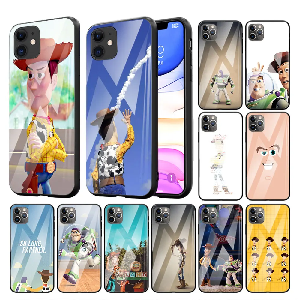 

Glass Case For Apple iPhone 14 13 Pro 12 mini 11 7 8 Plus X XR XS Max 6 6S Black Soft Edge Phone Cover Toy Story Woody