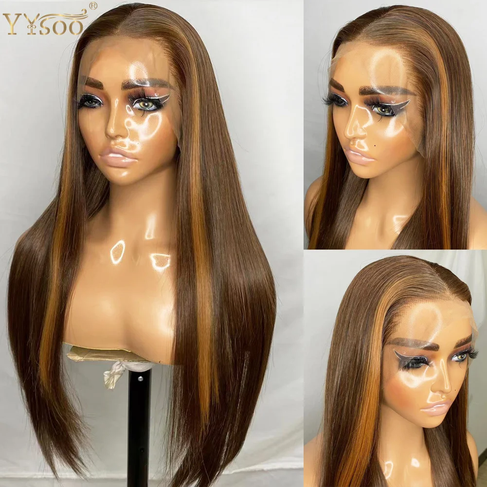 YYsoo Long 13x4 Futura Hair Baylayage Color Silky Straight Synthetic Lace Front Wigs for Women Glueless Blonde Highlights Wig
