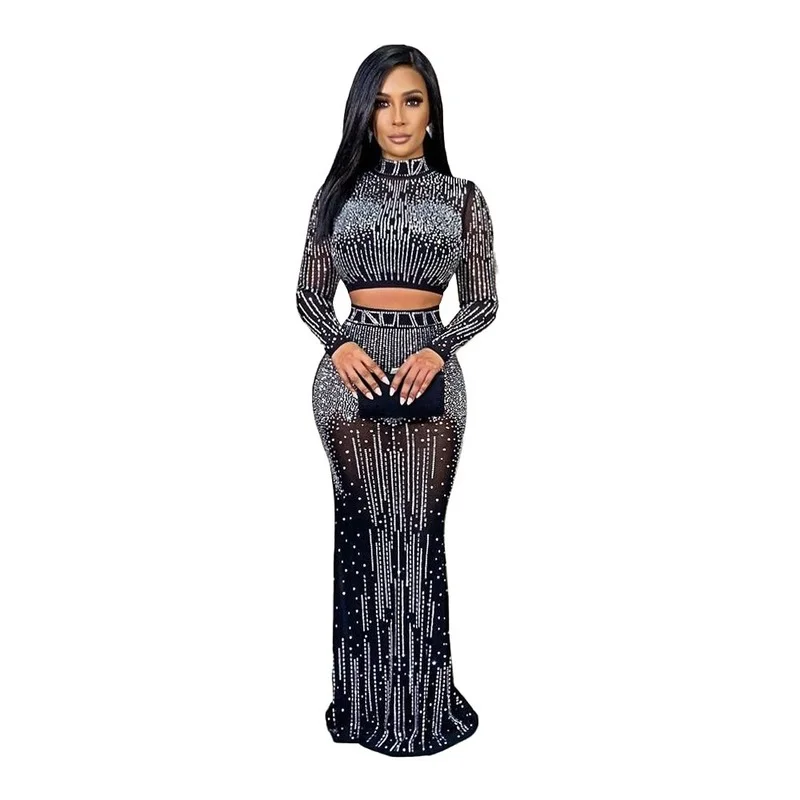 

2022 New Sexy Mesh Hot Drilling See Through Skirt Set Women Crystal Long Sleeve Top and Maxi Skirt Suits Clubwear Outfits