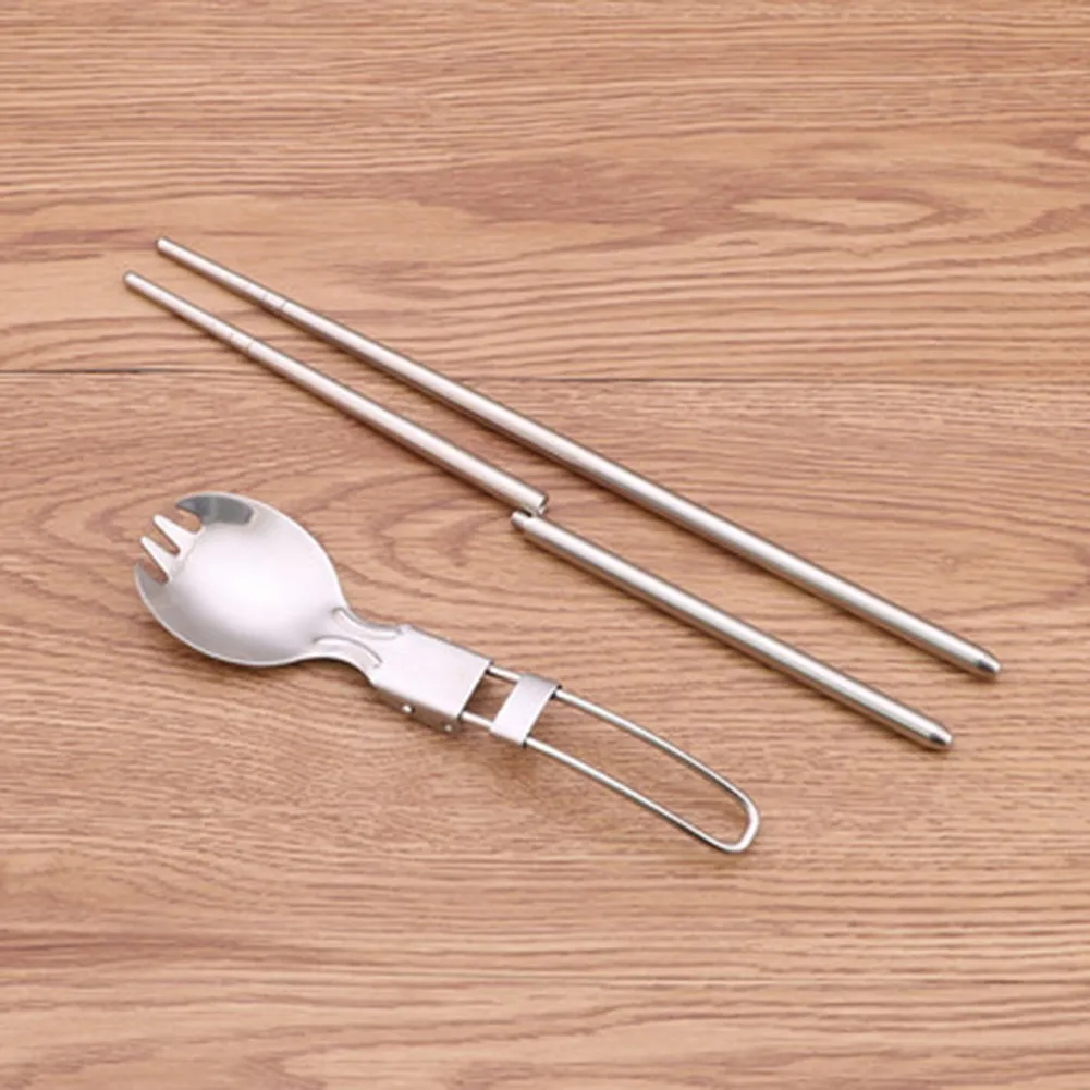Купи 1 Set Stainless Steel Foldable Camping Multitool Flatware Portable Spoon Fork Chopsticks Flatware Utensil Set With Nylon Pouch за 251 рублей в магазине AliExpress