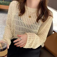 ehqaxin 2022 new summer autumn ladies knitted sweater tops fashion hollow thin section loose outer wear blouses top one size