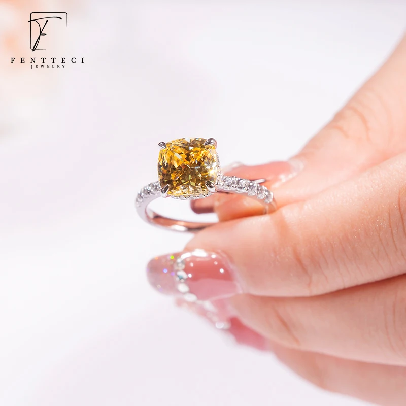 FENTTECI 925 Sterling Silver Light luxury Princess Moissanite Ring Women's Classic Wild White Pink Yellow Diamond Wedding Ring