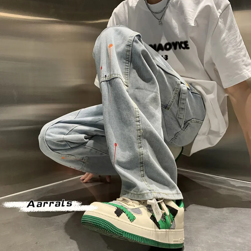 Blue Black Baggy Graffiti Jeans Men Fashion Casual Wide Leg Jeans Mens Streetwear Loose Hip Hop Straight Denim Pants Men M-2XL