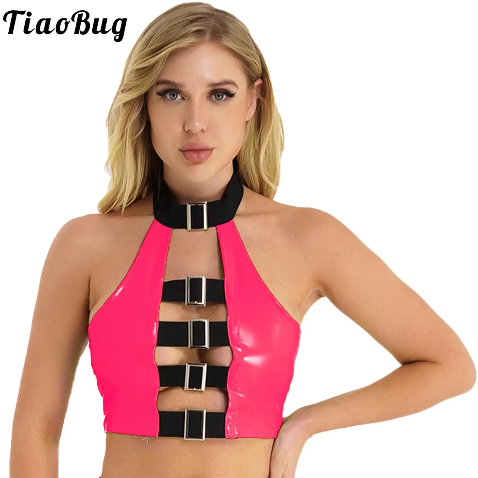 

Tiaobug Womens Patent Leather Hollow Out Solid Crop Tops Halter Backless Buckle Strappy Camisole Vests for Club Music Festivals