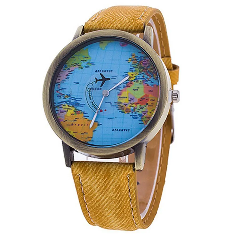 

Simple Wristwatch Women's World Map Dial Denim Fabric Strap Analog Quartz Students Wrist Watch