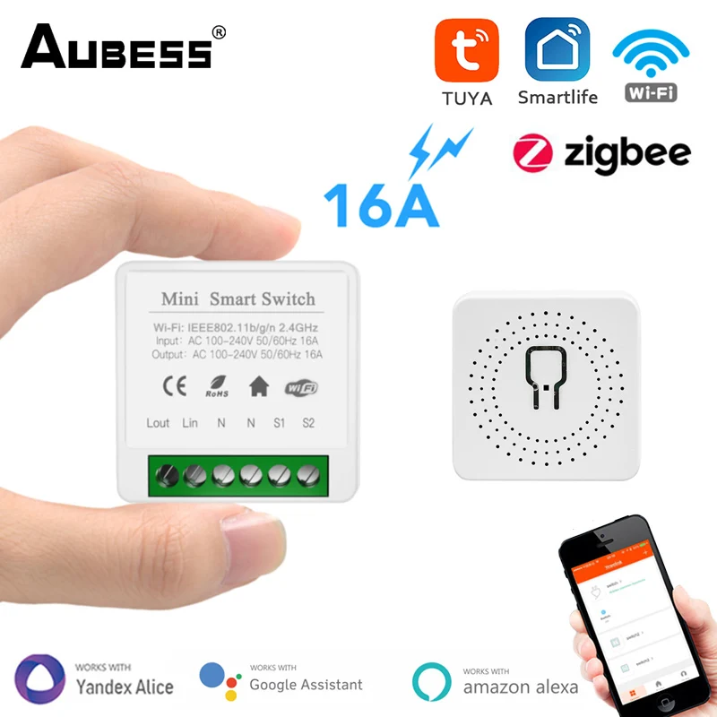 

Умный мини-выключатель Aubess Tuya, Wi-Fi 16 А, 2-сторонний переключатель «сделай сам», приложение SmartLife, модуль таймера для Alexa Google Home Alice, голосовое уп...