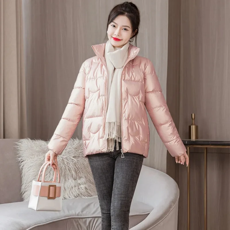 Cotton Padded Thicken Warm Short Parkas Korean Slim Long Sleeve Women Jacket Elegant Solid Stand Collar Pockets Winter Coat
