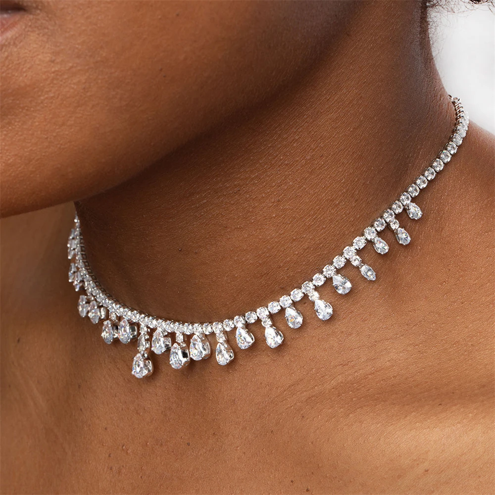 

INS Fashion Shiny Rhinestone Clavicle Chain Ladies Wedding Party Bling Crystal Pendant Necklace Choker Exquisite Jewelry Gift