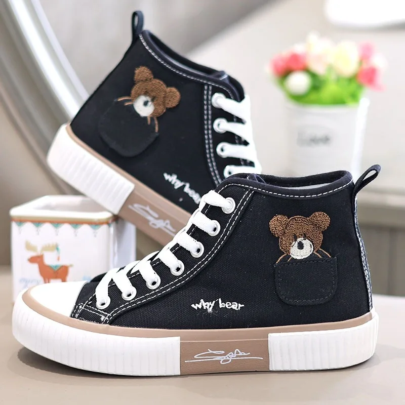 

New High-top Canvas Women Vulcanized Shoes Flats Casual Cute Pocket Bear Shoe for Women Spring Autumn Lady Lace Up Sneakers
