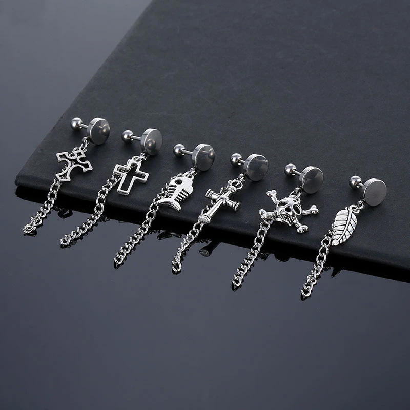 

Hypoallergenic Piercing Chain Earrings Man Women Barbell Punk Gothic Stainless Steel Ear Jewelery Leaf Fishbone Cross Earring