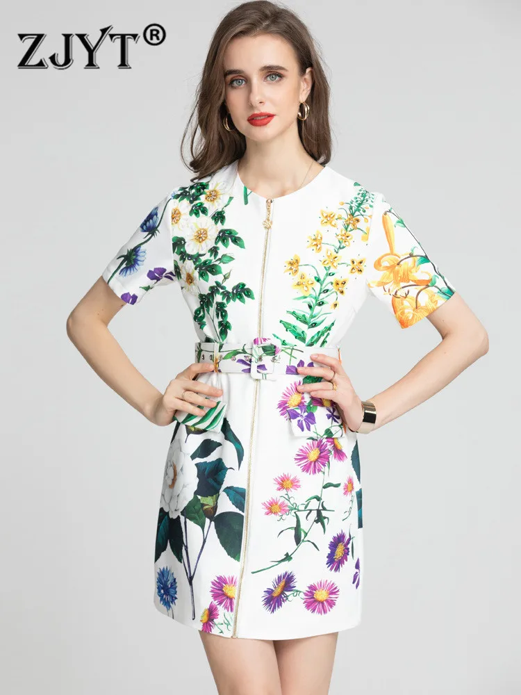 

ZJYT Fashion Runway Summer Beading Floral Print Dress Women Short Sleeve Front Zipper White Party Vestidos Office Work Wear