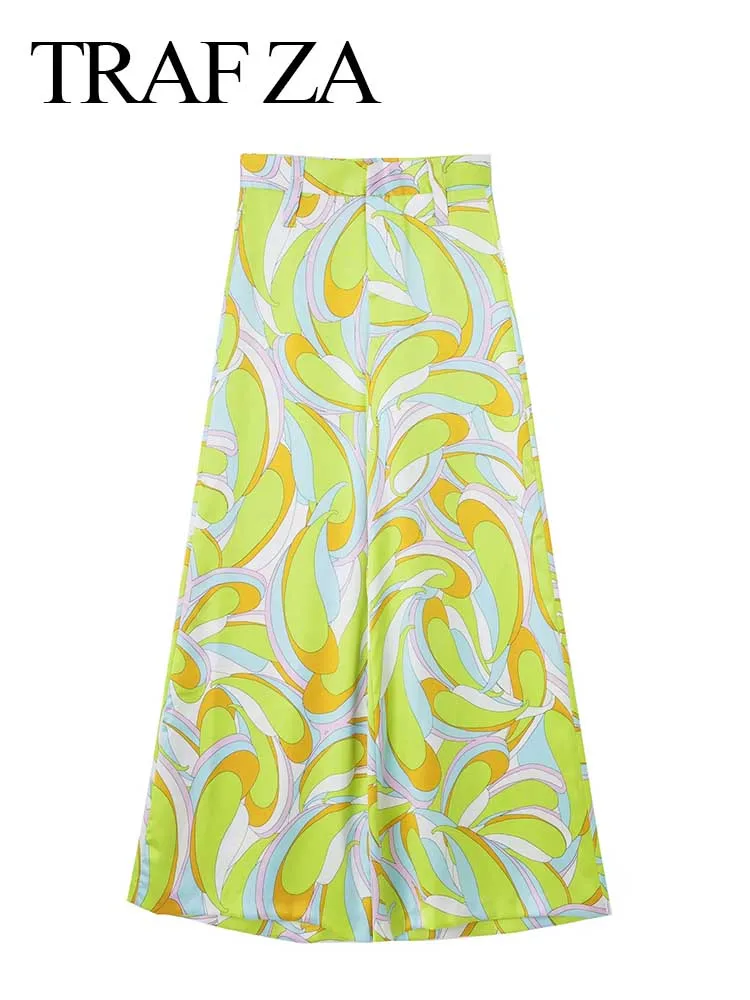 

TRAF ZA Fashion Women's Wide Leg Culottes Pants Print Temperament Casual Trousers Zipper Street Daily All-match Ladies Clothing