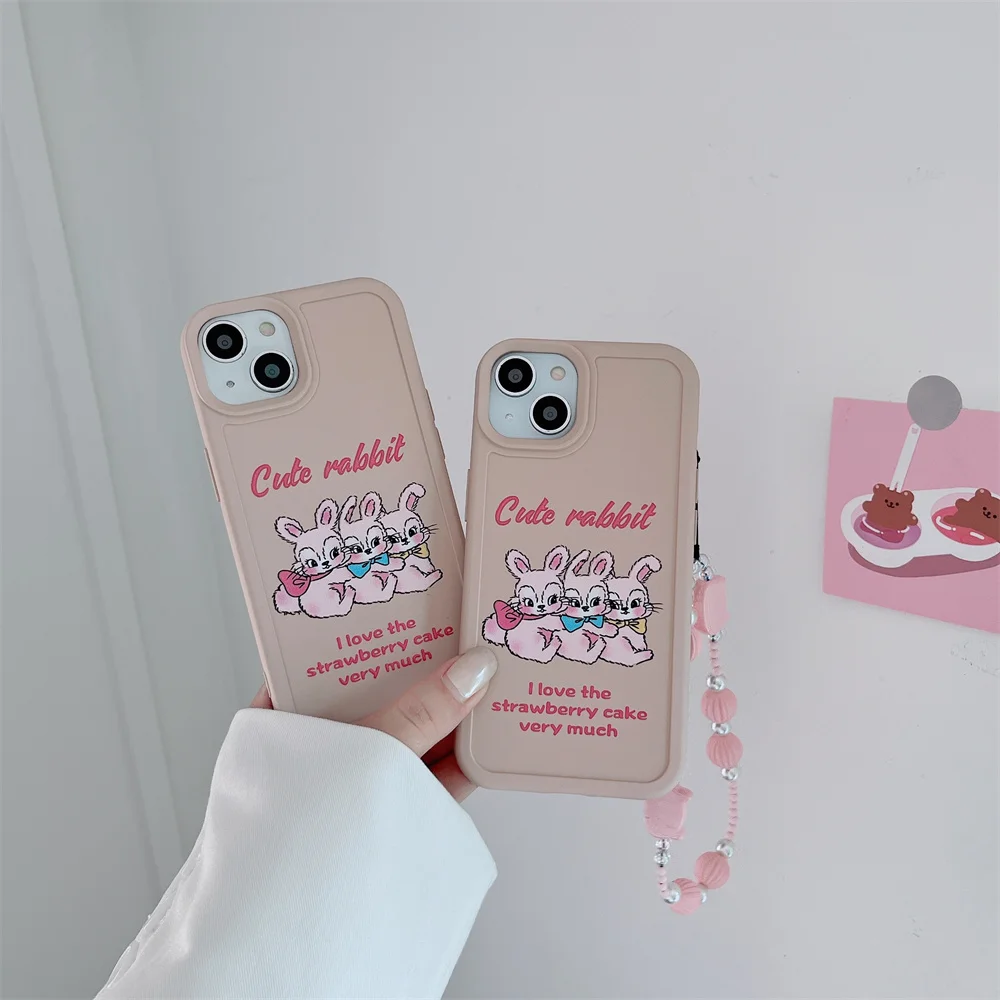 

Чехол-накладка для IPhone, 11, 12 PRO MAX, 13 PRO MAX, X, XR, XS Max, мягкий, с изображением кролика, с защитой от падения, с бусинами и браслетом