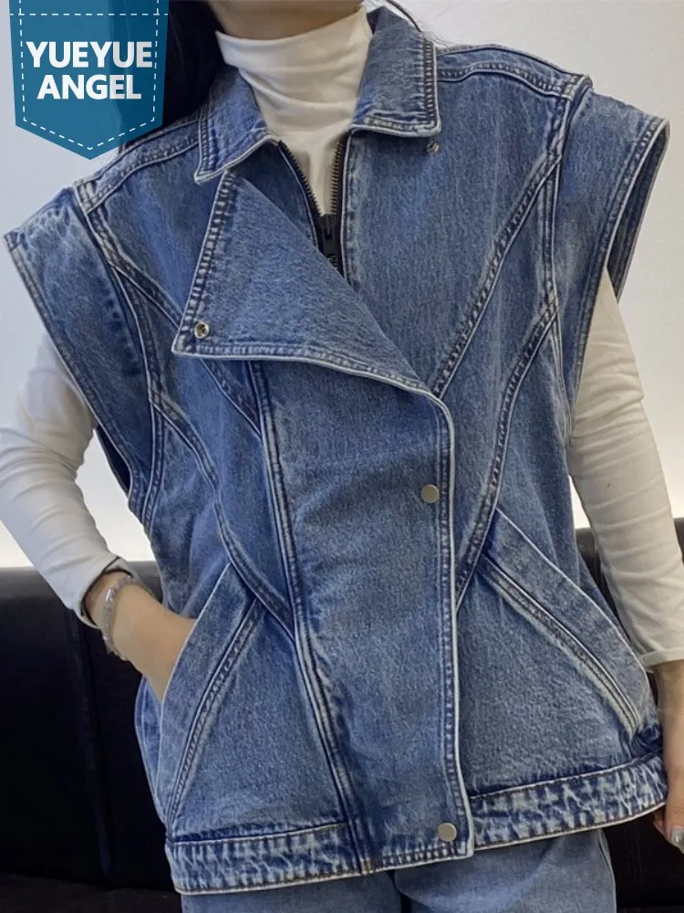 

Streetwear Denim Vest Women Zipper Spring Summer Sleeveless Jacket Vintage Turn-Down Collar Casual Outerwear Female Waistcoat