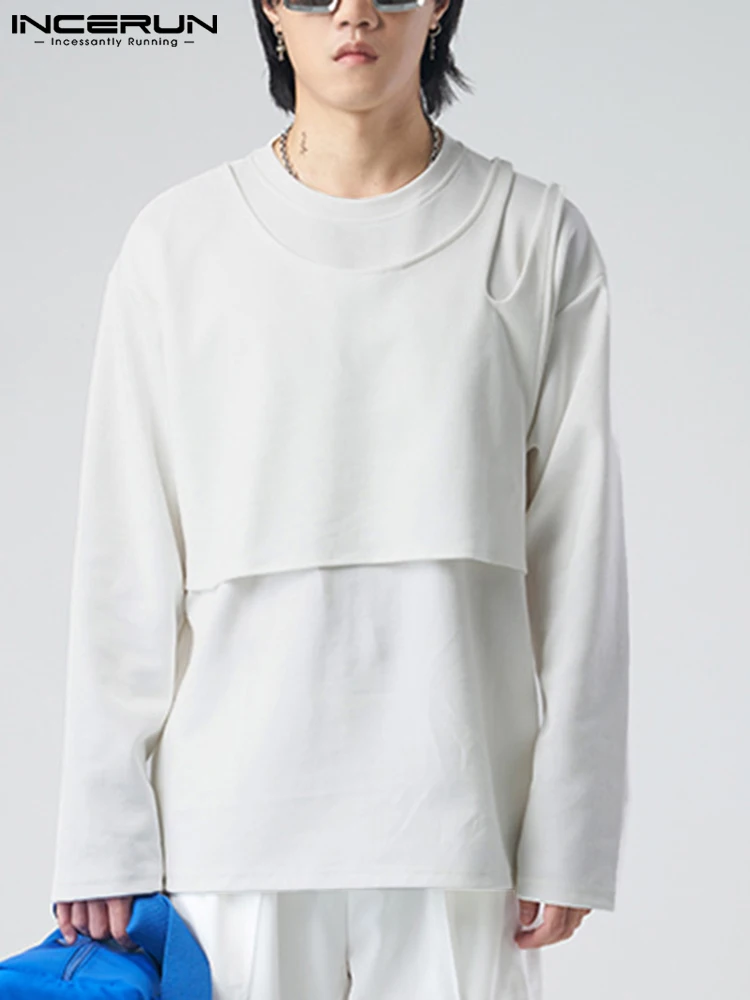 

Стильные Новые мужские однотонные футболки INCERUN 2022 мужские Необычные Свободные удобные универсальные простые футболки с имитацией двух ча...