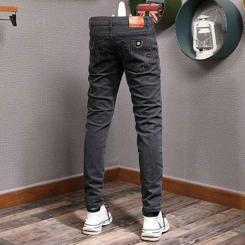 Summer Men Jeans Fashion Casual Dark Gray Pencil Pants Korean Style Streetwear Scratched Denim Trousers