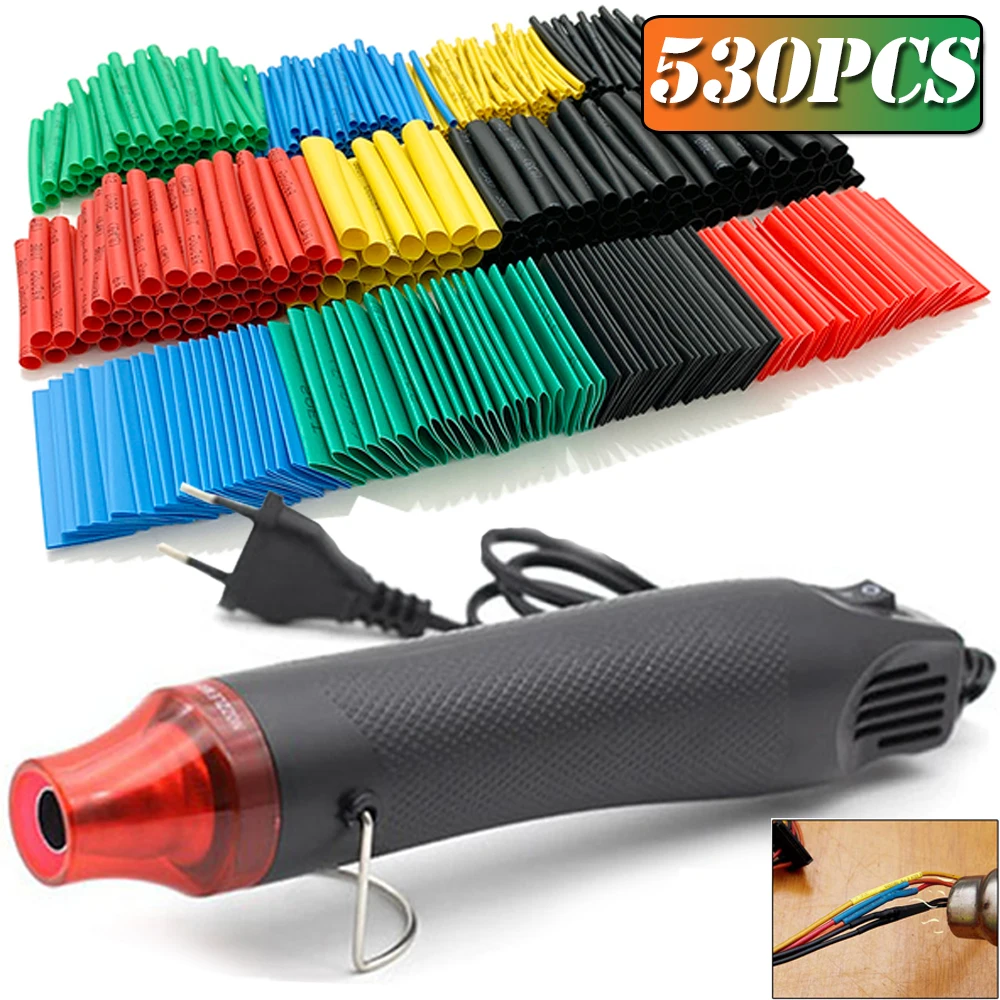 

530/127pcs Heat Shrink Tube 2:1 Shrinkable Wire Cable Shrinking Wrap Tubing Wire Connect Cover Protection with 300W Hot Air Gun
